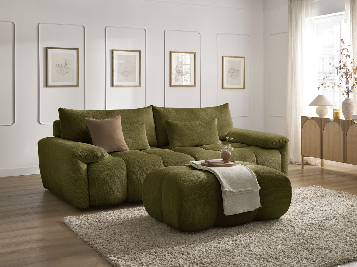 Canapé droit fixe 3 places IVANE tissu texturé avec pouf