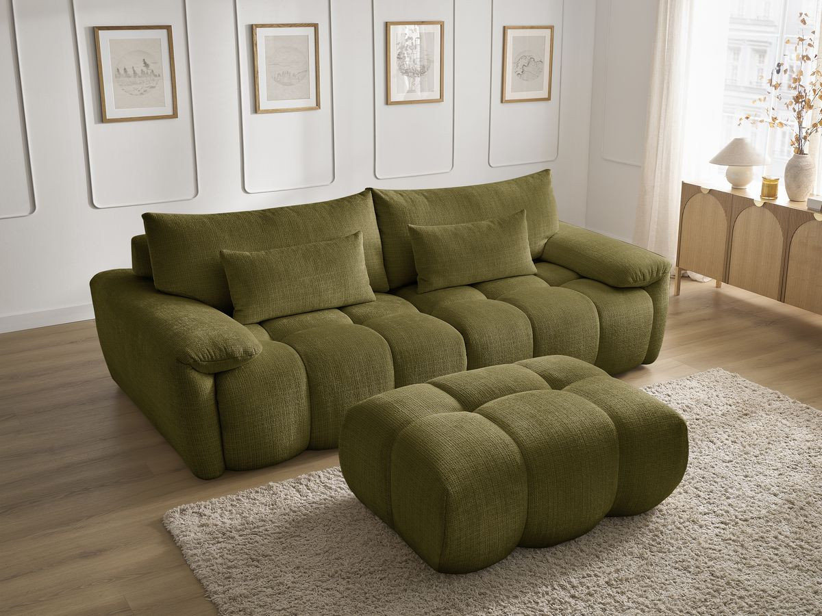 Canapé droit fixe 3 places IVANE tissu texturé avec pouf