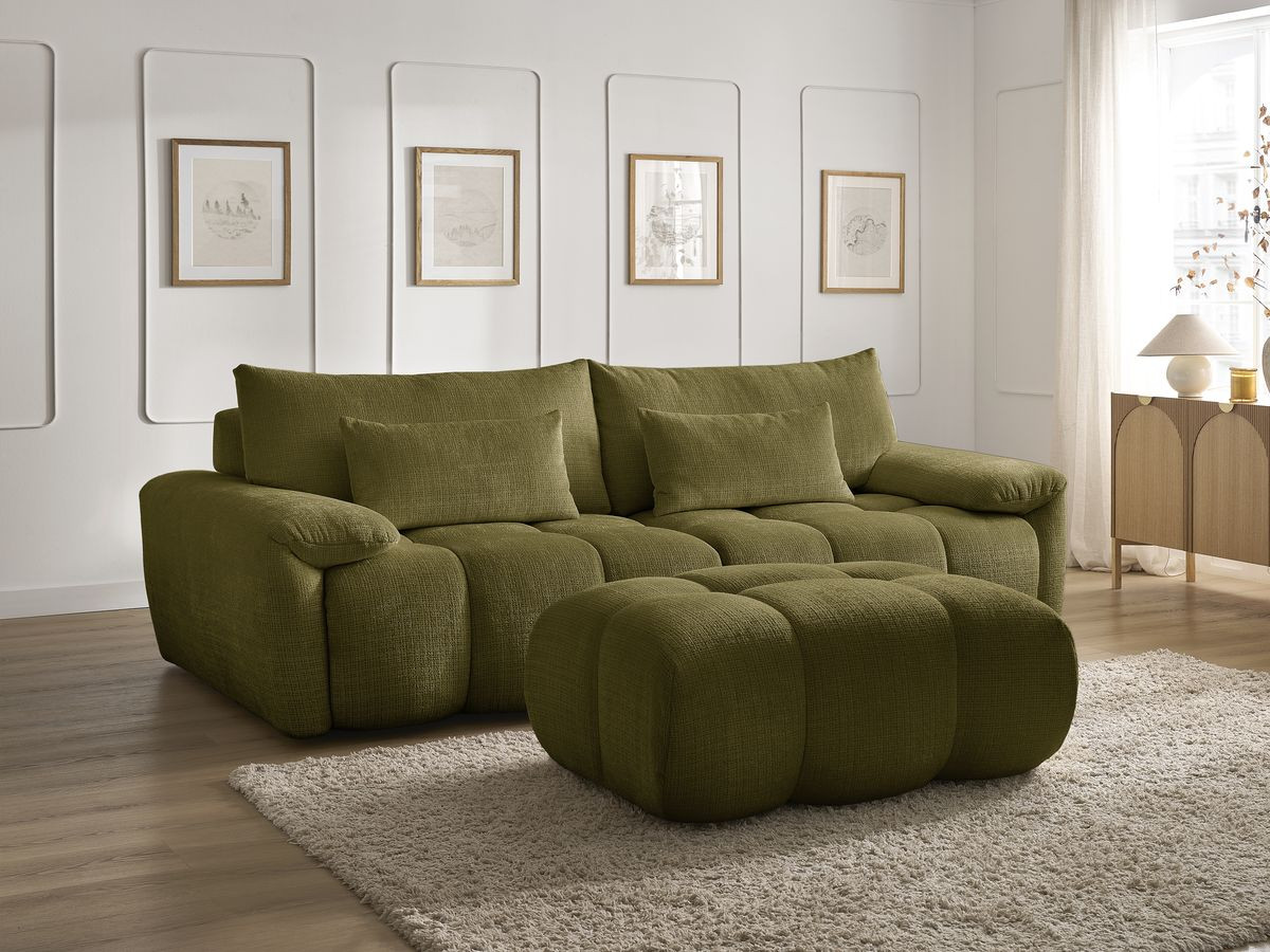 Canapé droit fixe 3 places IVANE tissu texturé avec pouf