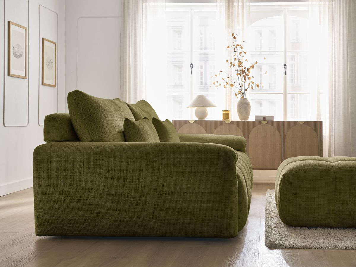 Canapé droit fixe 3 places IVANE tissu texturé avec pouf