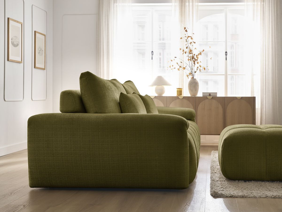Canapé droit fixe 3 places IVANE tissu texturé avec pouf