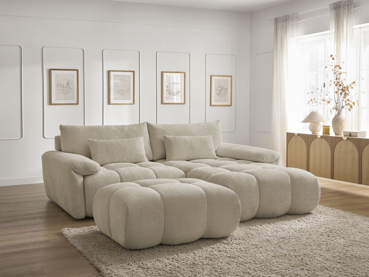 Canapé d'angle fixe IVANE tissu texturé avec pouf