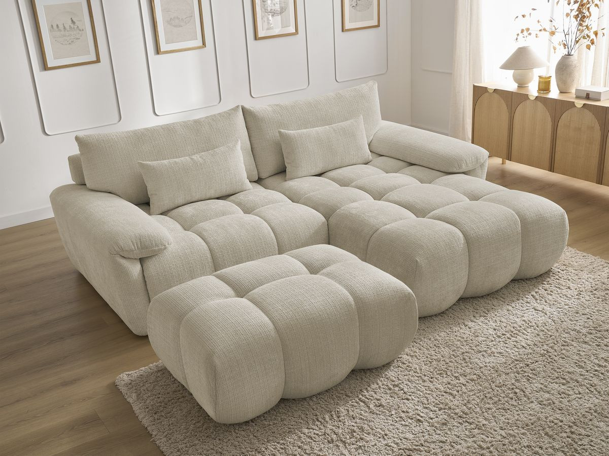 Canapé d'angle fixe IVANE tissu texturé avec pouf