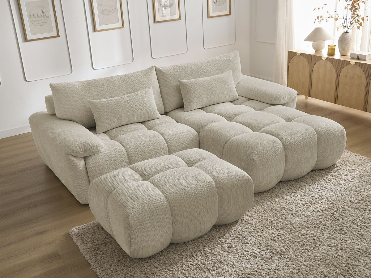 Canapé d'angle fixe IVANE tissu texturé avec pouf
