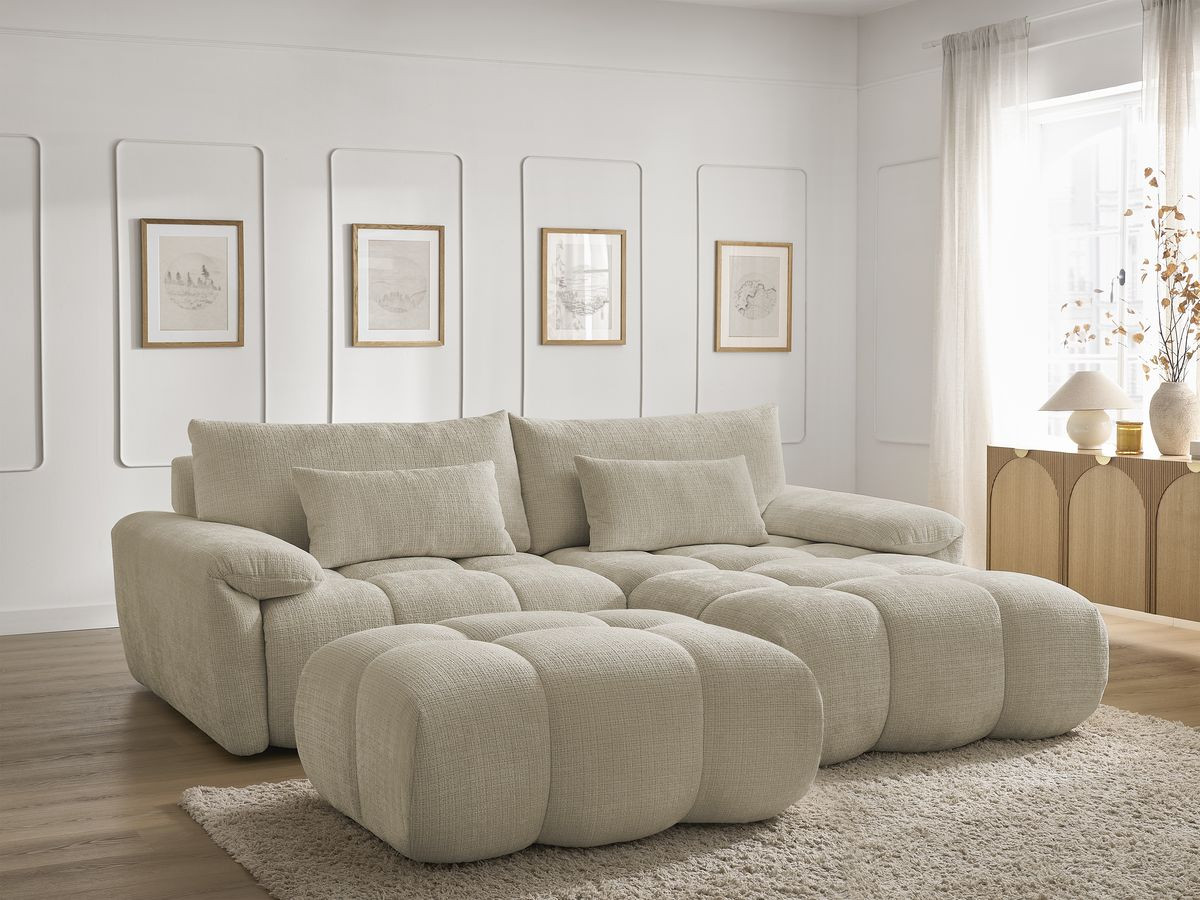 Canapé d'angle fixe IVANE tissu texturé avec pouf