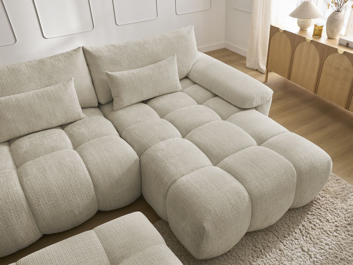 Canapé d'angle fixe IVANE tissu texturé avec pouf