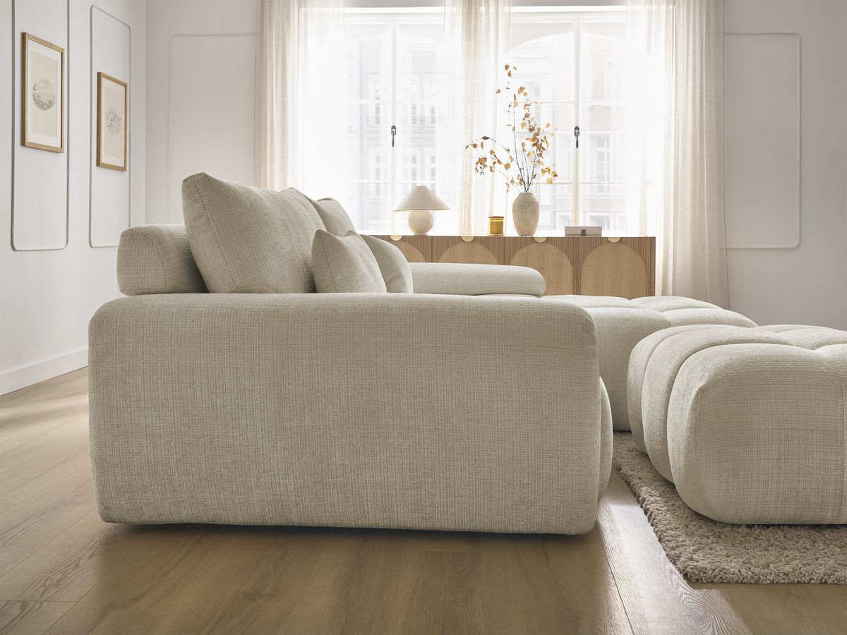 Canapé d'angle fixe IVANE tissu texturé avec pouf