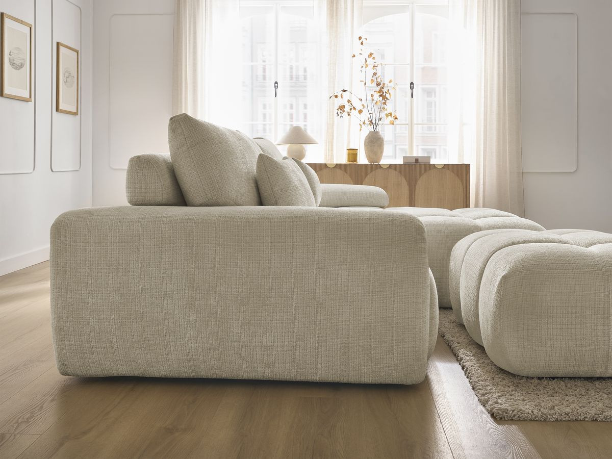 Canapé d'angle fixe IVANE tissu texturé avec pouf