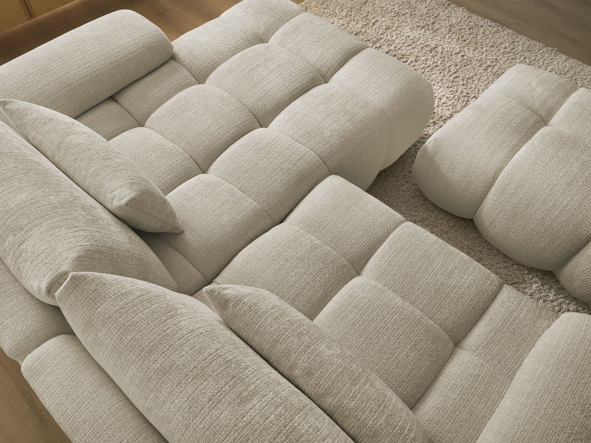 Canapé d'angle fixe IVANE tissu texturé avec pouf