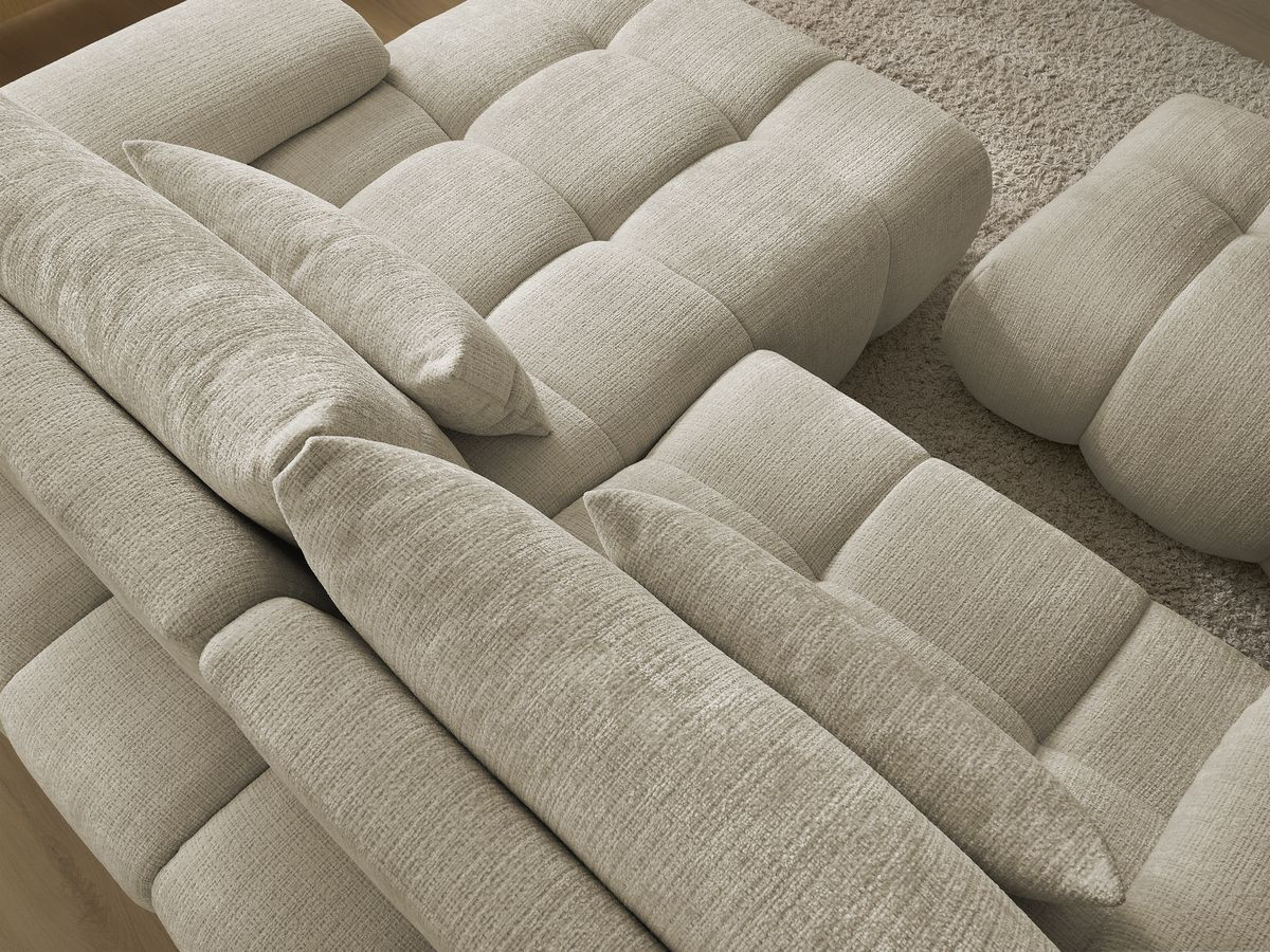 Canapé d'angle fixe IVANE tissu texturé avec pouf