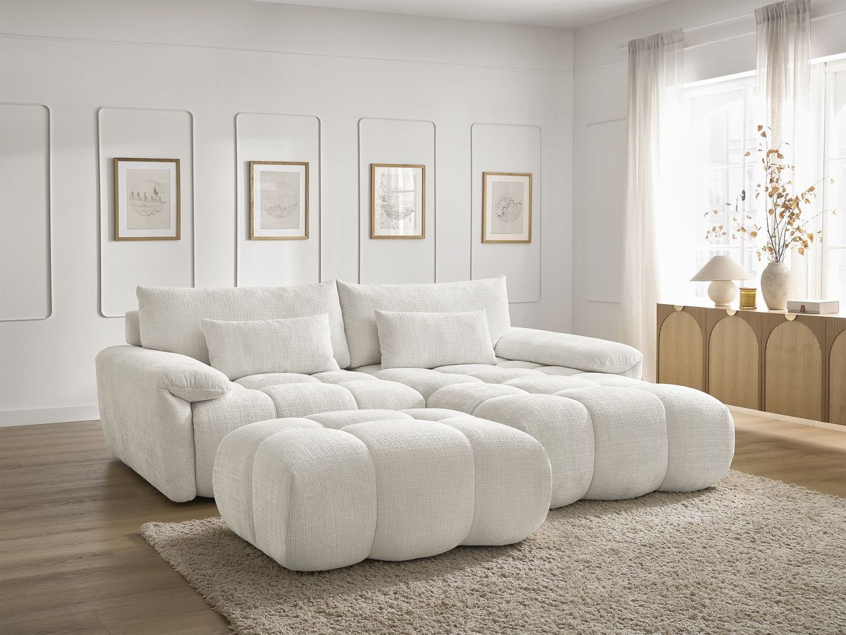 Canapé d'angle fixe IVANE tissu texturé avec pouf