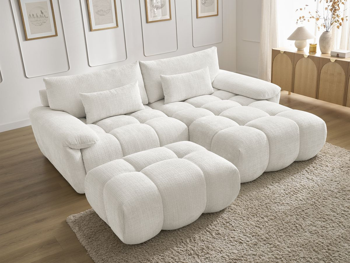 Canapé d'angle fixe IVANE tissu texturé avec pouf