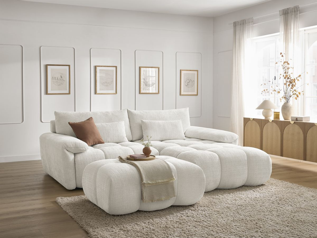 Canapé d'angle fixe IVANE tissu texturé avec pouf