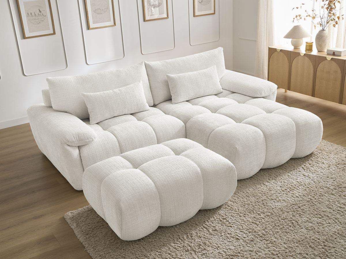 Canapé d'angle fixe IVANE tissu texturé avec pouf