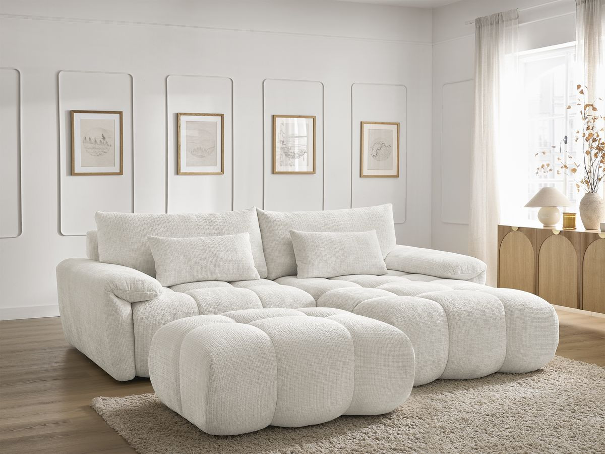 Canapé d'angle fixe IVANE tissu texturé avec pouf