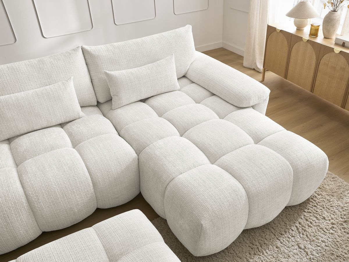 Canapé d'angle fixe IVANE tissu texturé avec pouf
