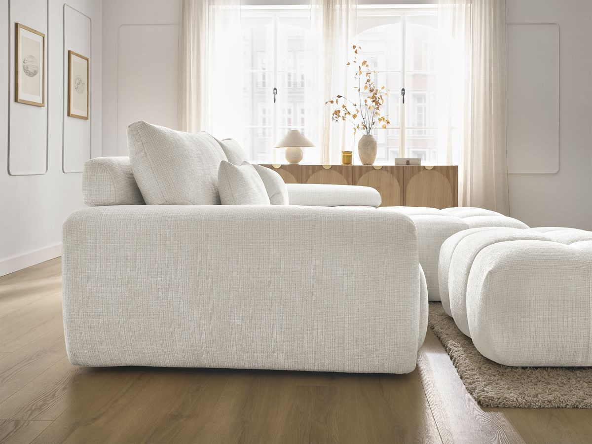 Canapé d'angle fixe IVANE tissu texturé avec pouf