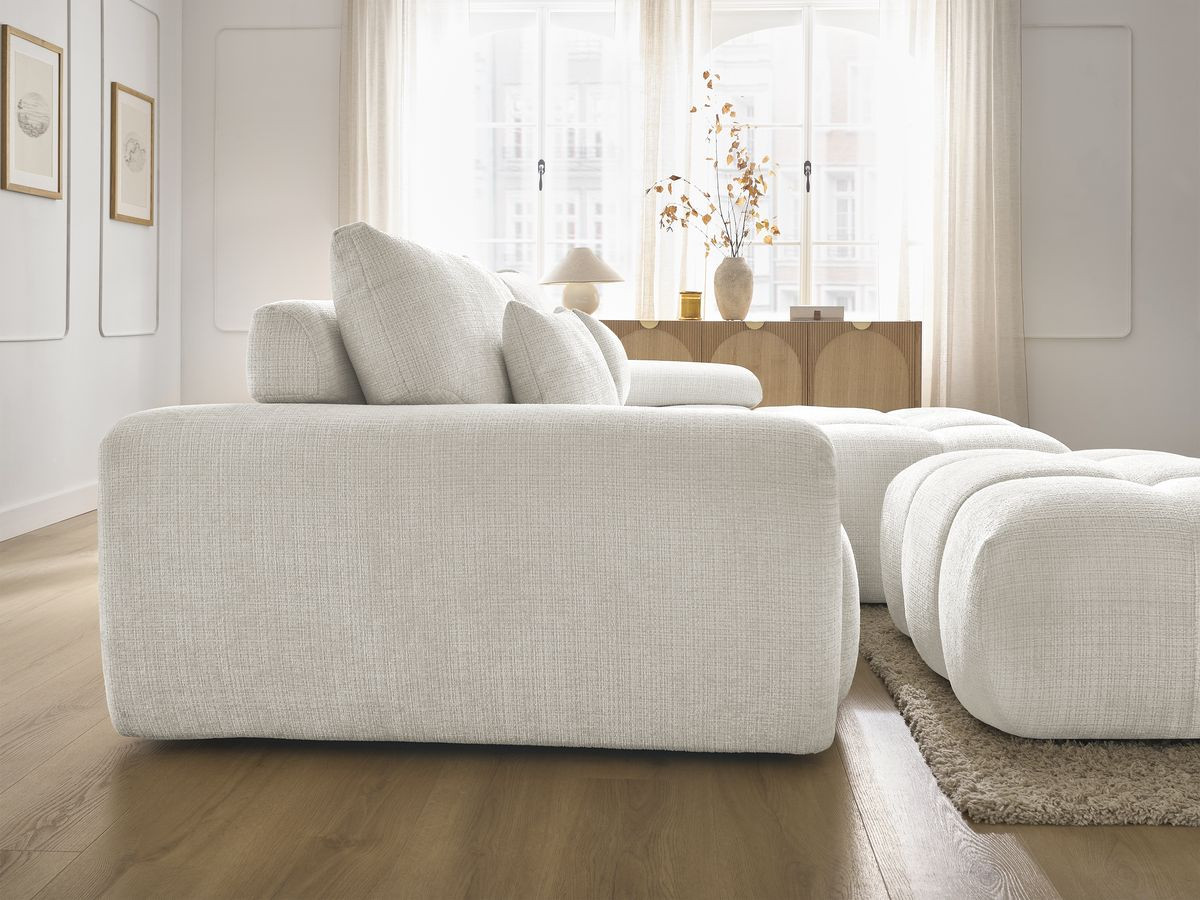 Canapé d'angle fixe IVANE tissu texturé avec pouf
