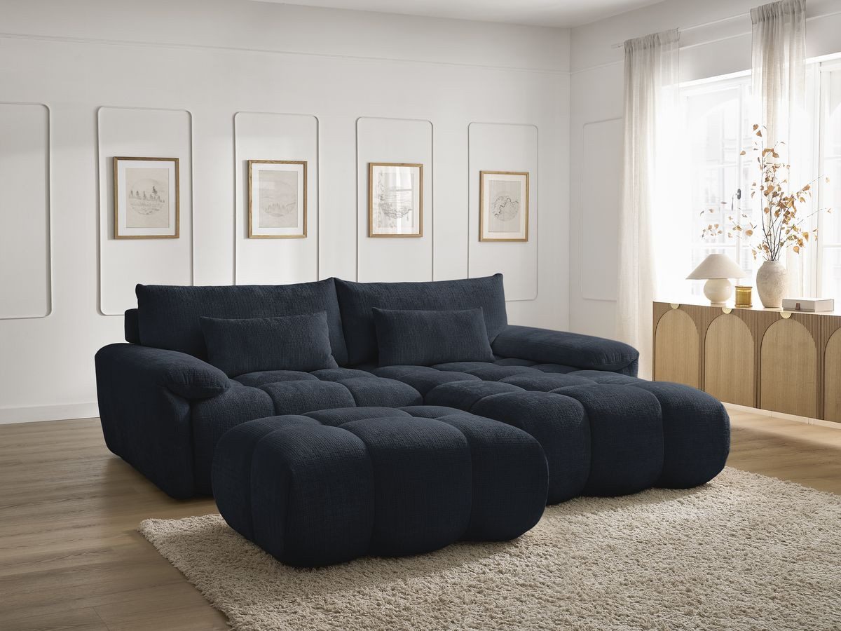 Canapé d'angle fixe IVANE tissu texturé avec pouf