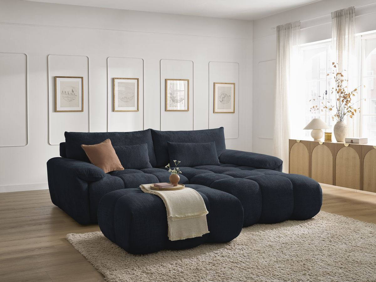 Canapé d'angle fixe IVANE tissu texturé avec pouf