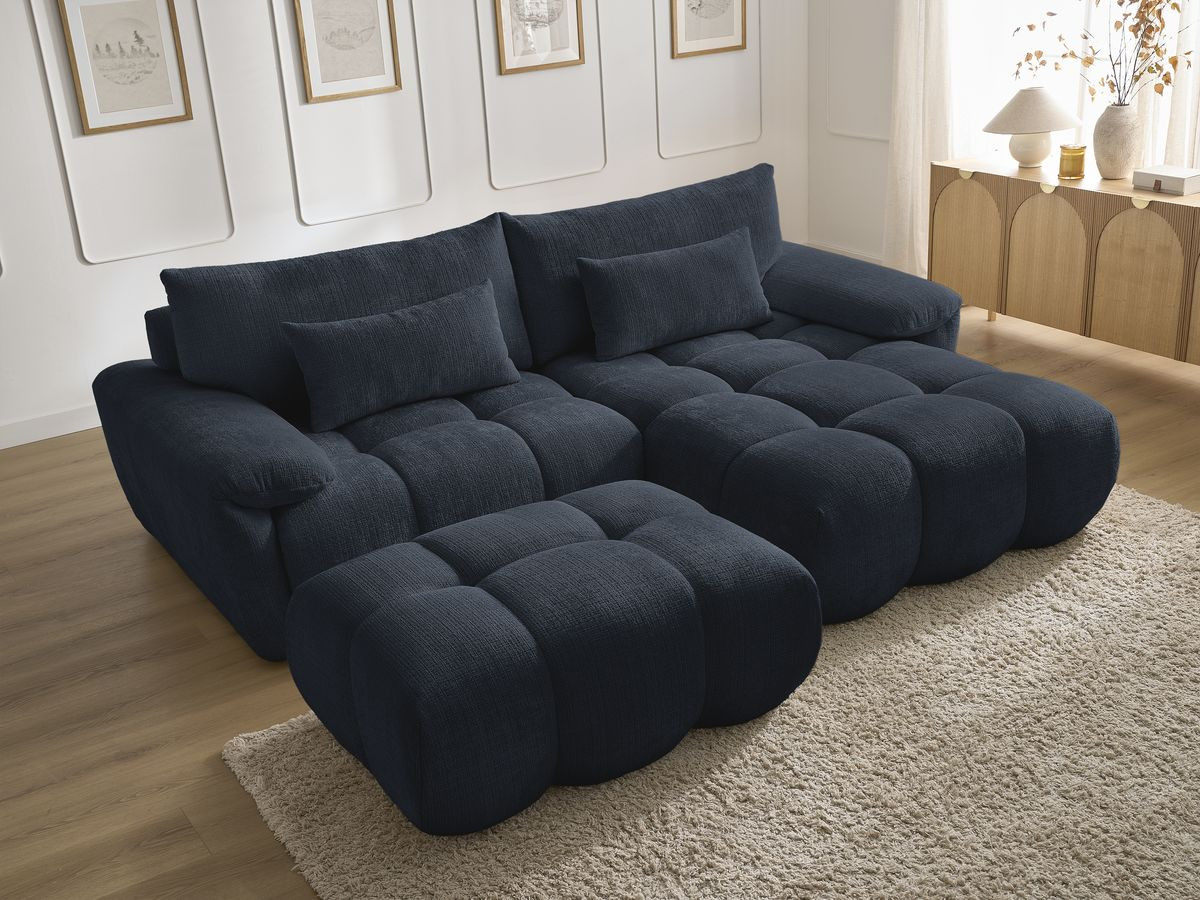 Canapé d'angle fixe IVANE tissu texturé avec pouf