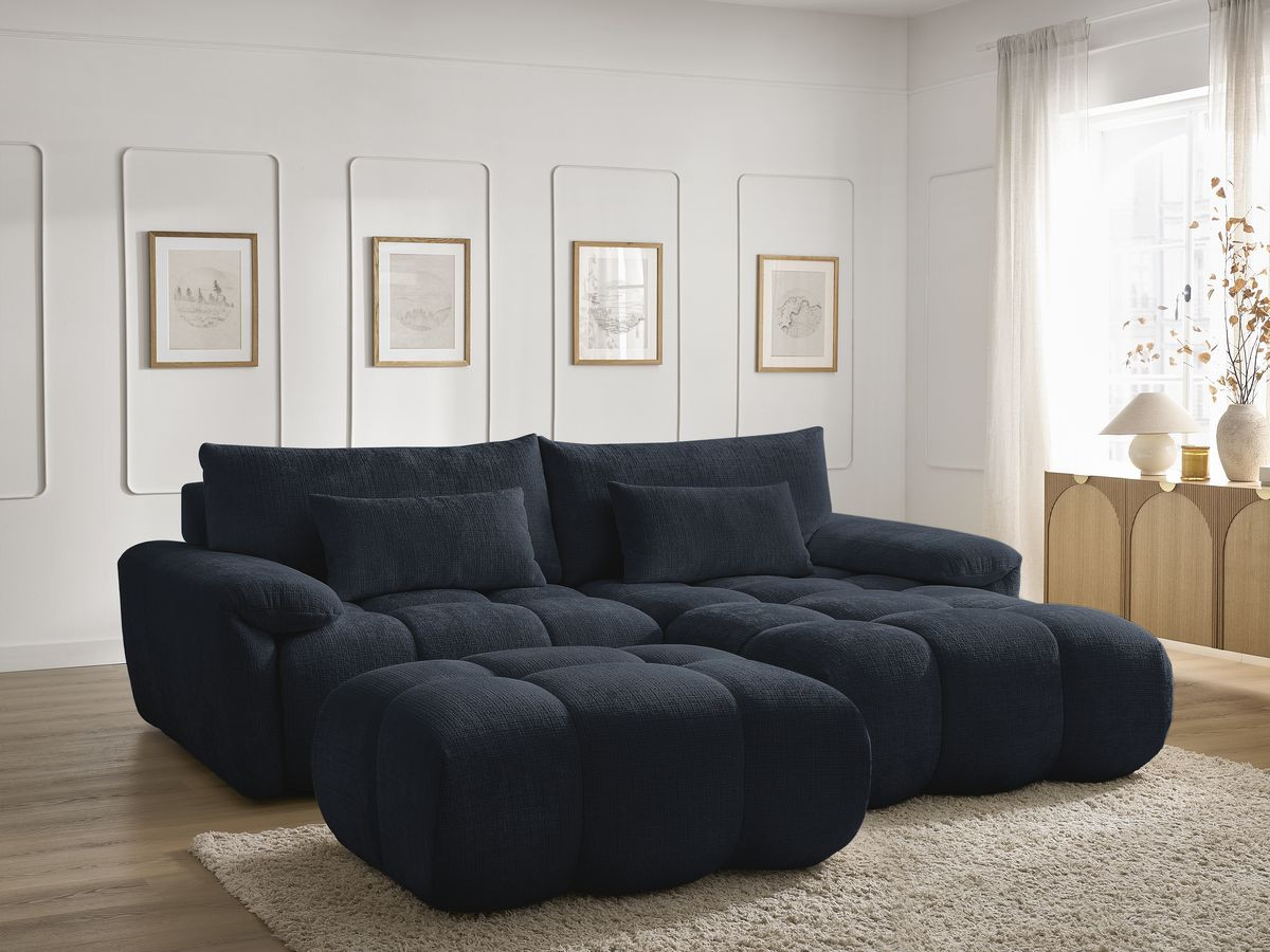 Canapé d'angle fixe IVANE tissu texturé avec pouf