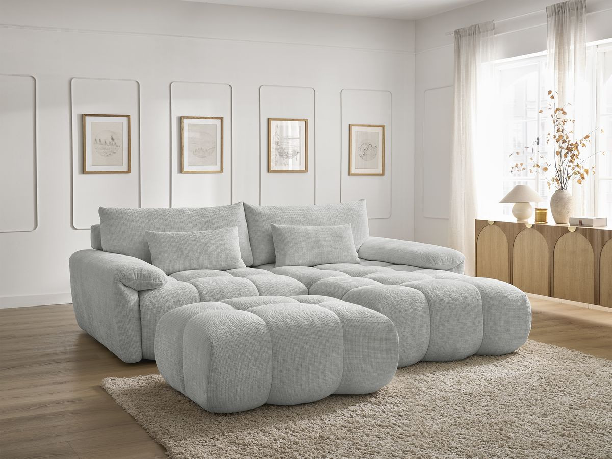 Canapé d'angle fixe IVANE tissu texturé avec pouf