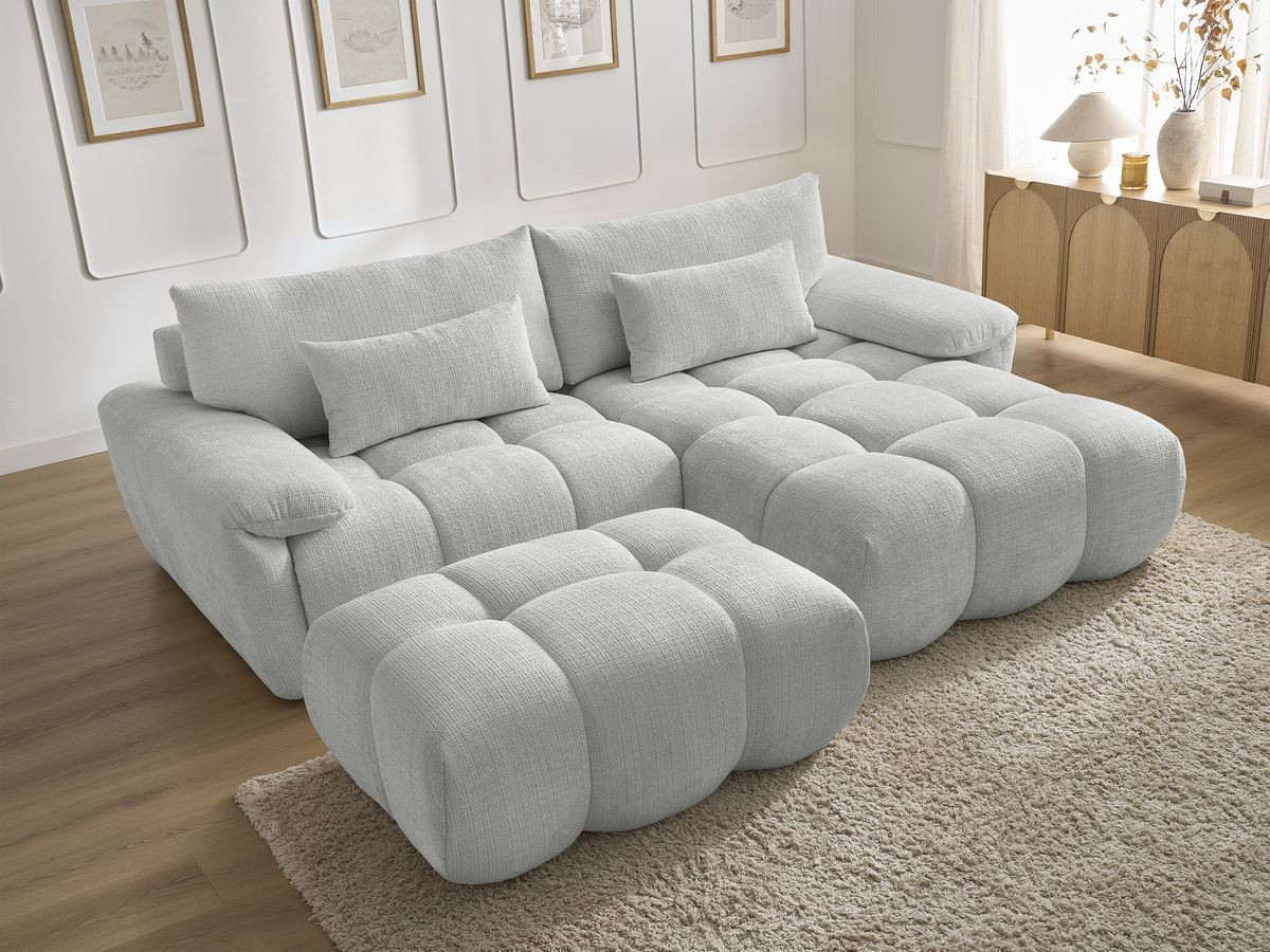 Canapé d'angle fixe IVANE tissu texturé avec pouf