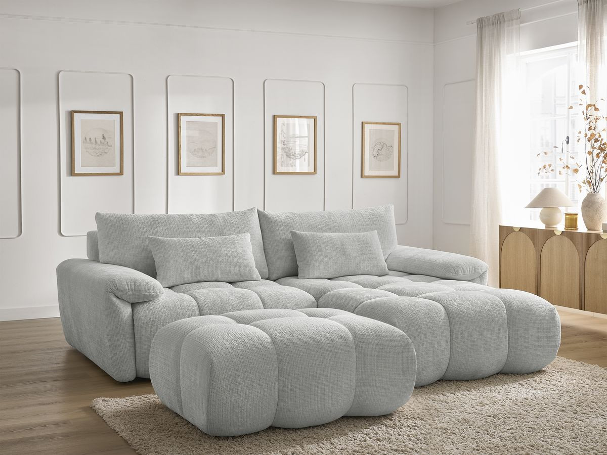 Canapé d'angle fixe IVANE tissu texturé avec pouf
