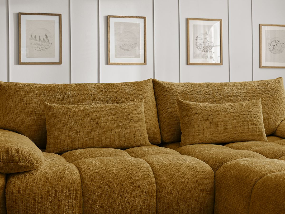 Canapé d'angle fixe IVANE tissu texturé avec pouf