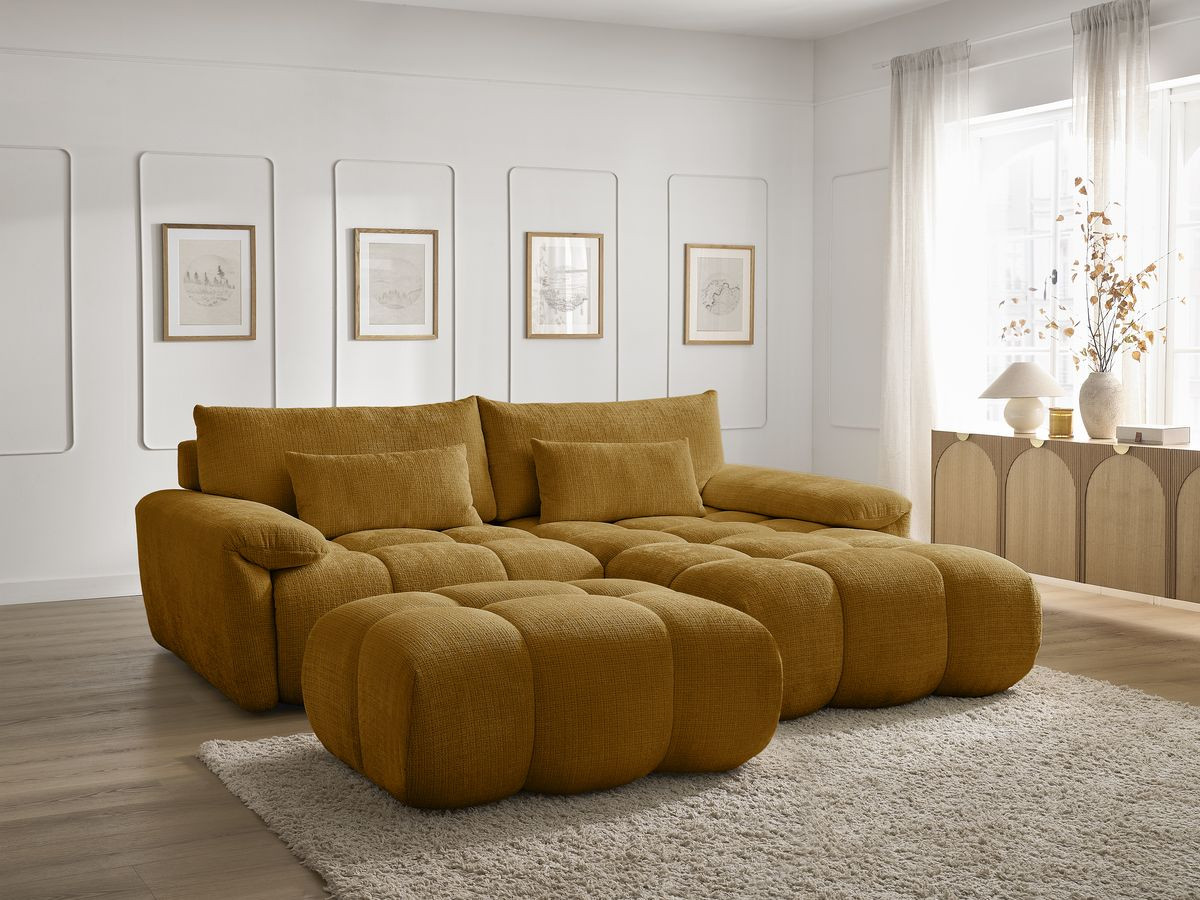 Canapé d'angle fixe IVANE tissu texturé avec pouf