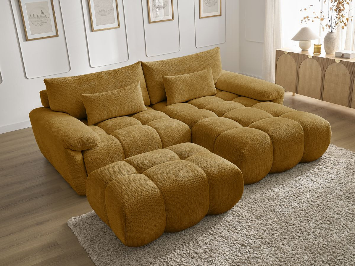 Canapé d'angle fixe IVANE tissu texturé avec pouf