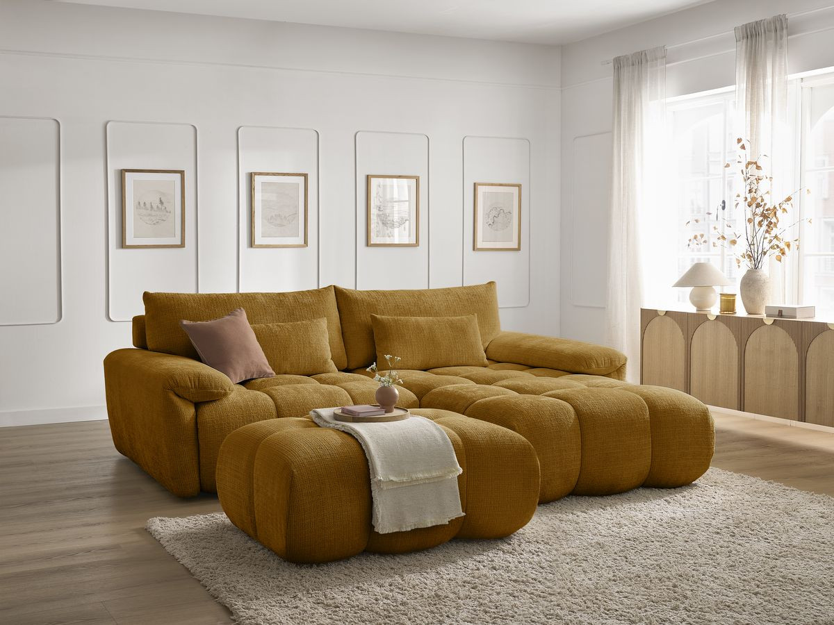 Canapé d'angle fixe IVANE tissu texturé avec pouf