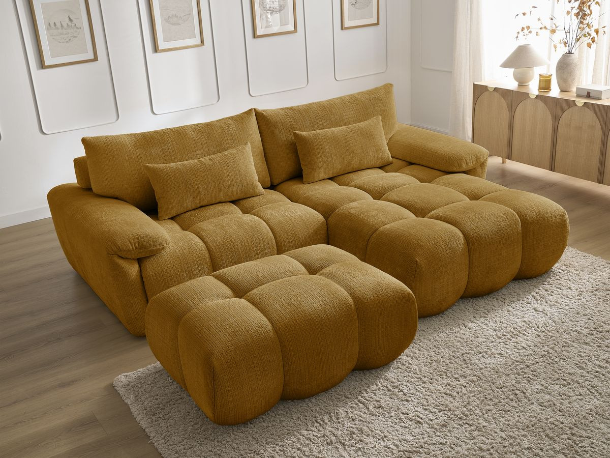 Canapé d'angle fixe IVANE tissu texturé avec pouf