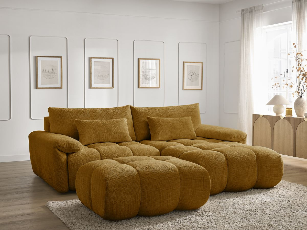 Canapé d'angle fixe IVANE tissu texturé avec pouf
