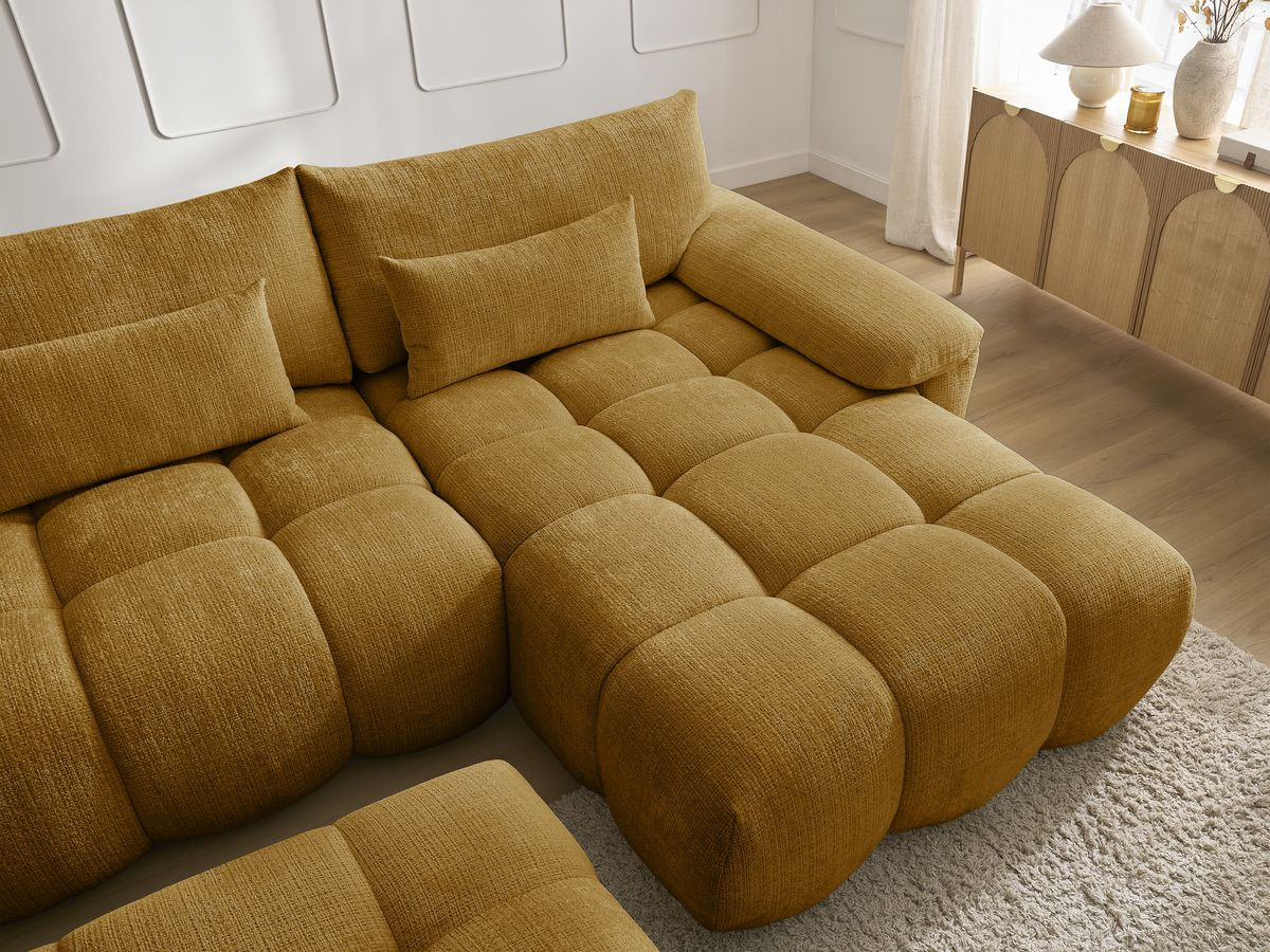 Canapé d'angle fixe IVANE tissu texturé avec pouf