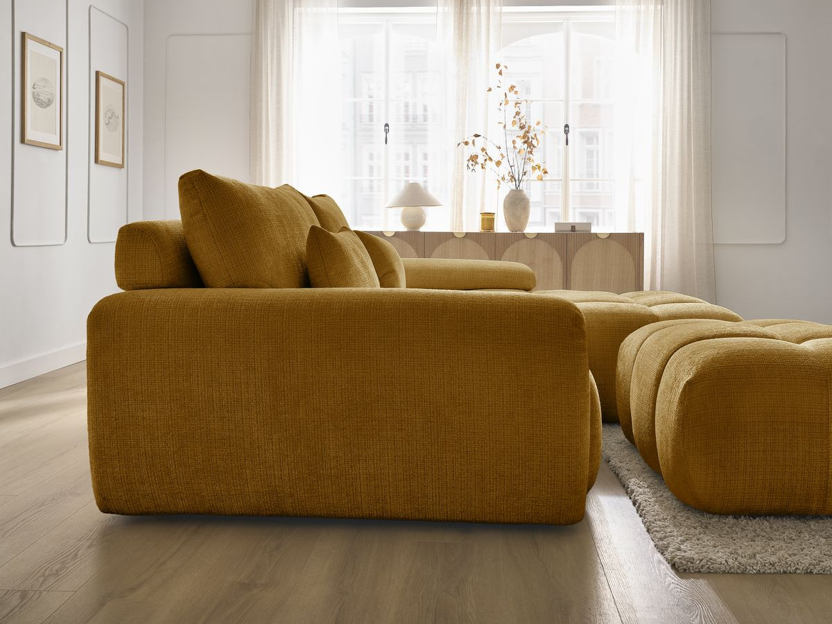 Canapé d'angle fixe IVANE tissu texturé avec pouf
