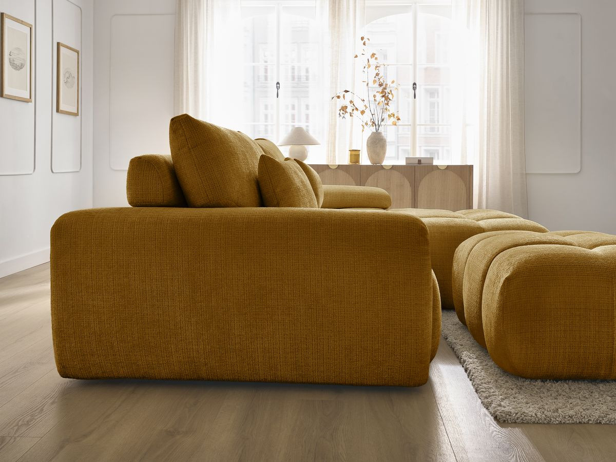 Canapé d'angle fixe IVANE tissu texturé avec pouf