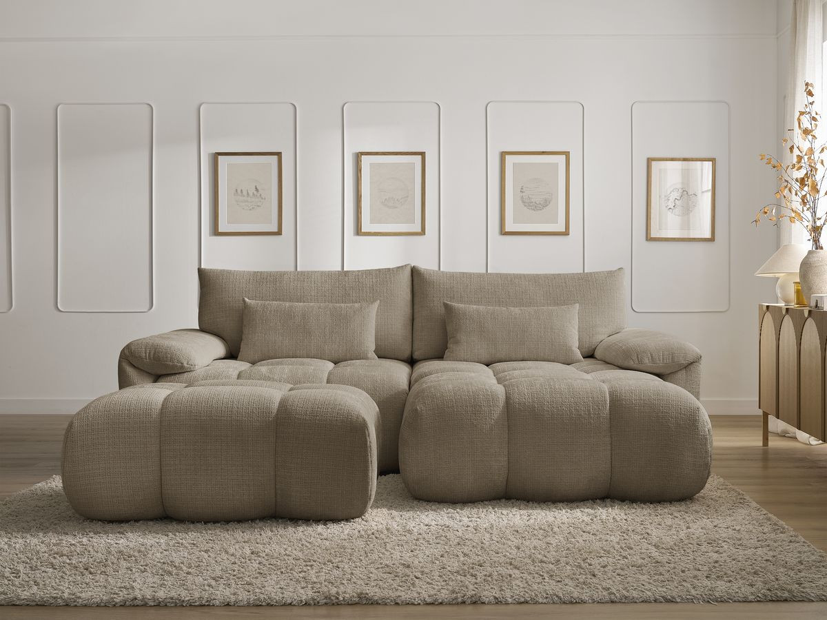 Canapé d'angle fixe IVANE tissu texturé avec pouf marron angle droit BOBOCHIC 4 places - Vue supplémentaire 3