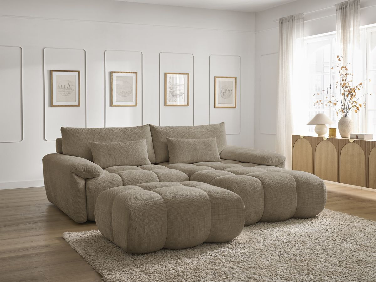 Canapé d'angle fixe IVANE tissu texturé avec pouf