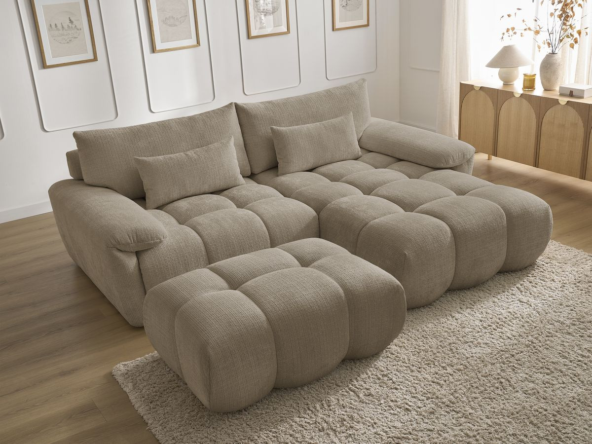 Canapé d'angle fixe IVANE tissu texturé avec pouf