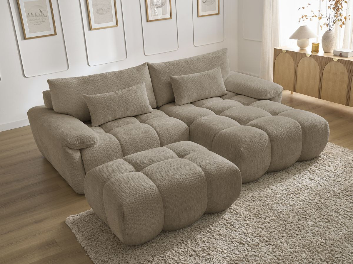Canapé d'angle fixe IVANE tissu texturé avec pouf