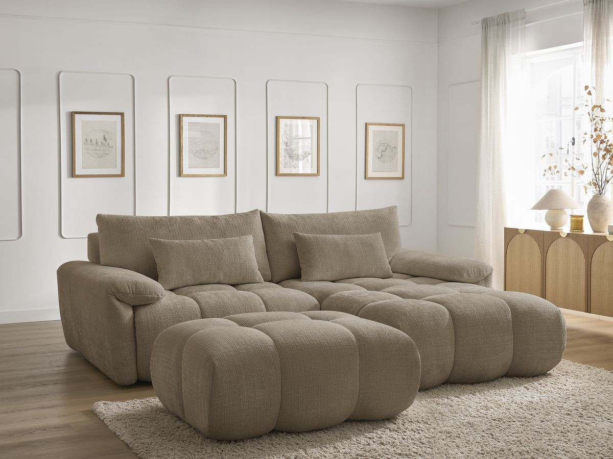 Canapé d'angle fixe IVANE tissu texturé avec pouf