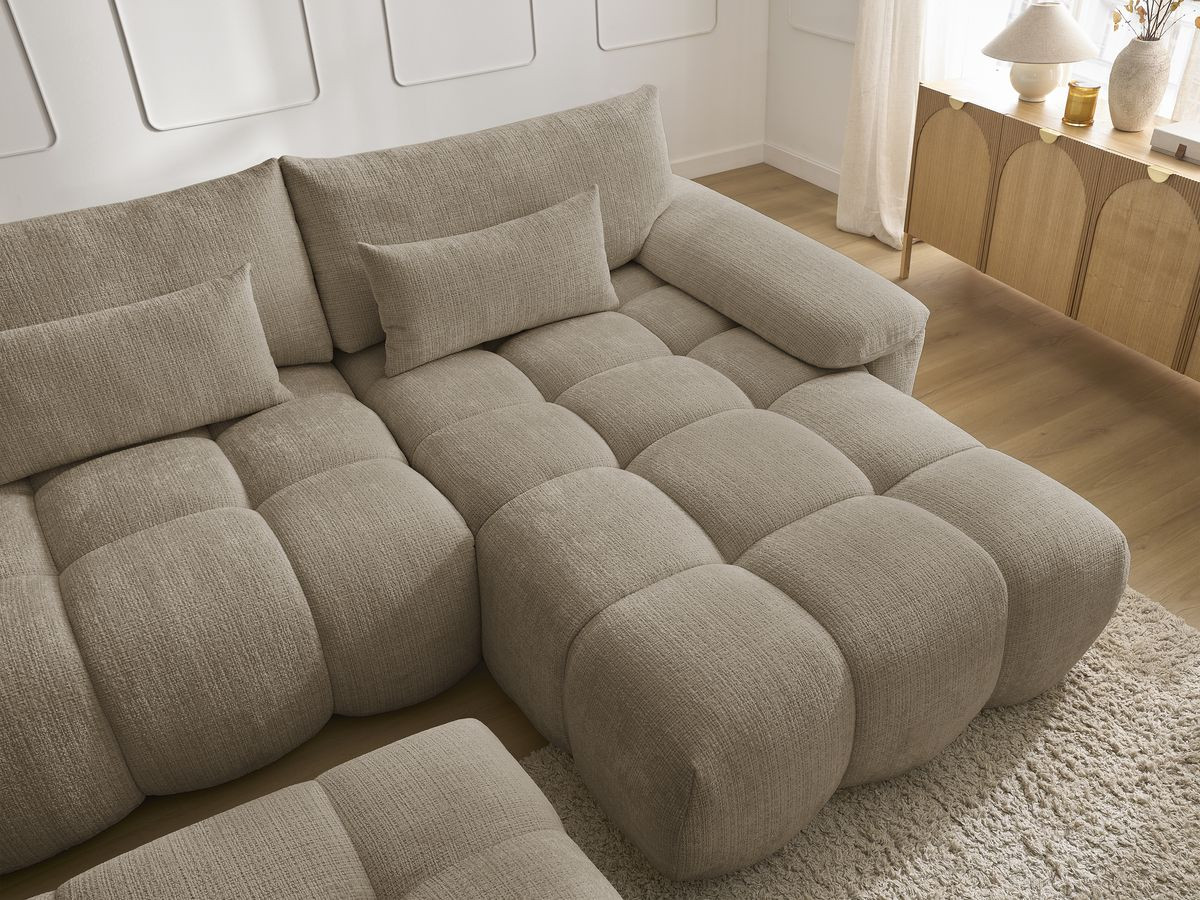 Canapé d'angle fixe IVANE tissu texturé avec pouf