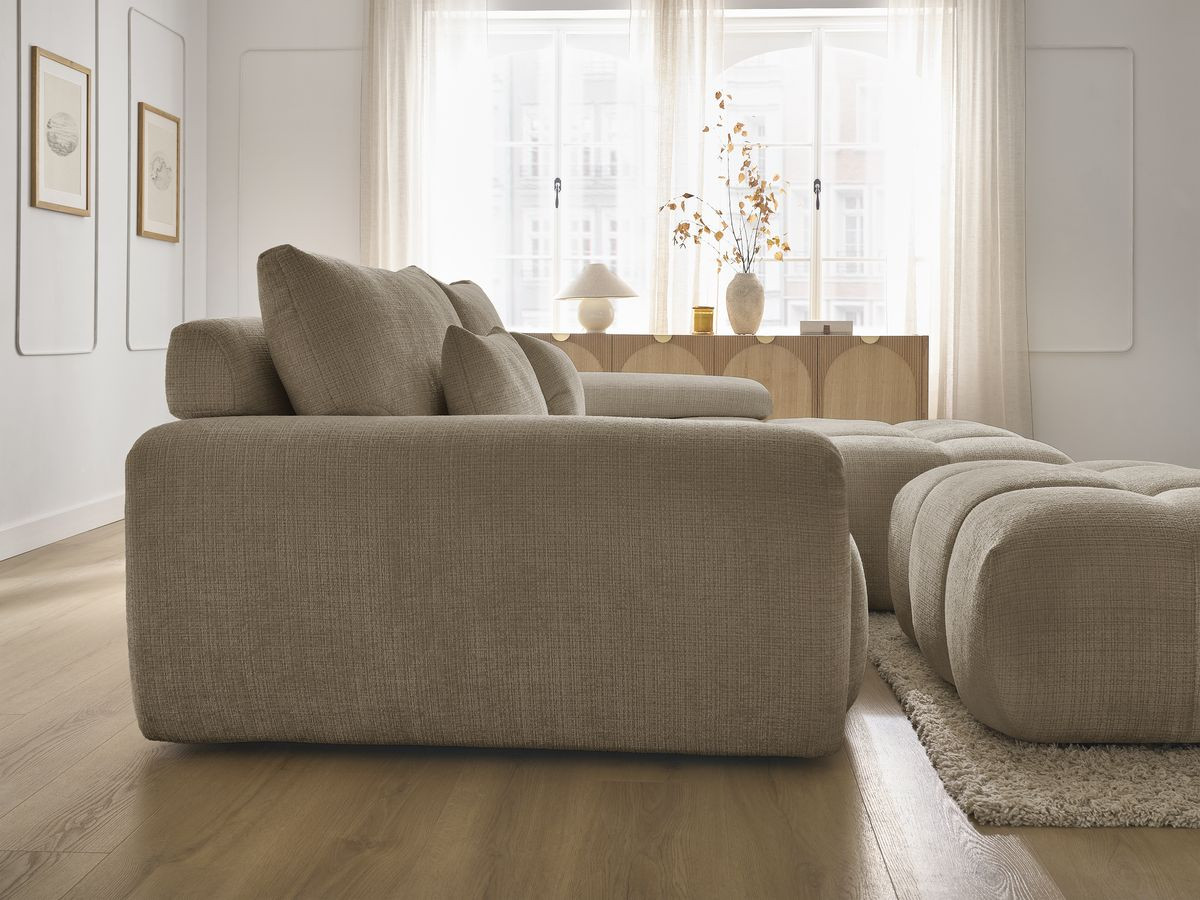Canapé d'angle fixe IVANE tissu texturé avec pouf