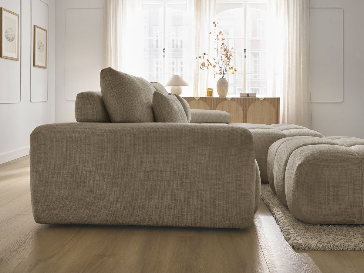 Canapé d'angle fixe IVANE tissu texturé avec pouf
