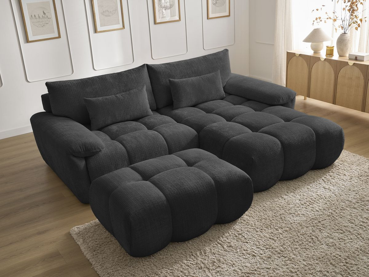 Canapé d'angle fixe IVANE tissu texturé avec pouf