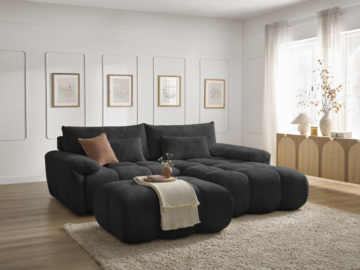 Canapé d'angle fixe IVANE tissu texturé avec pouf