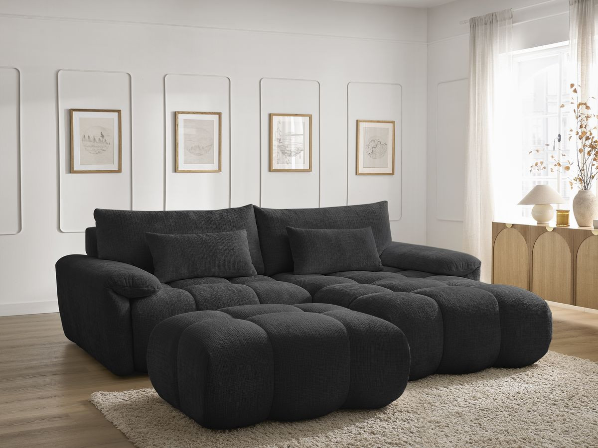 Canapé d'angle fixe IVANE tissu texturé avec pouf