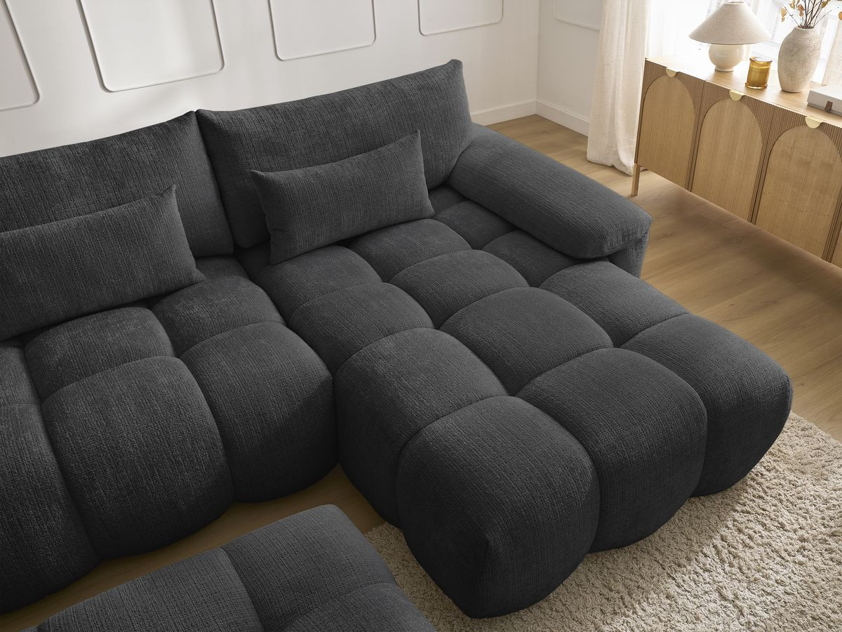 Canapé d'angle fixe IVANE tissu texturé avec pouf